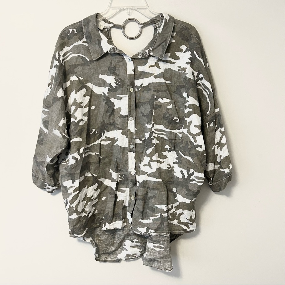 Baci Linen Button Down Camo Top